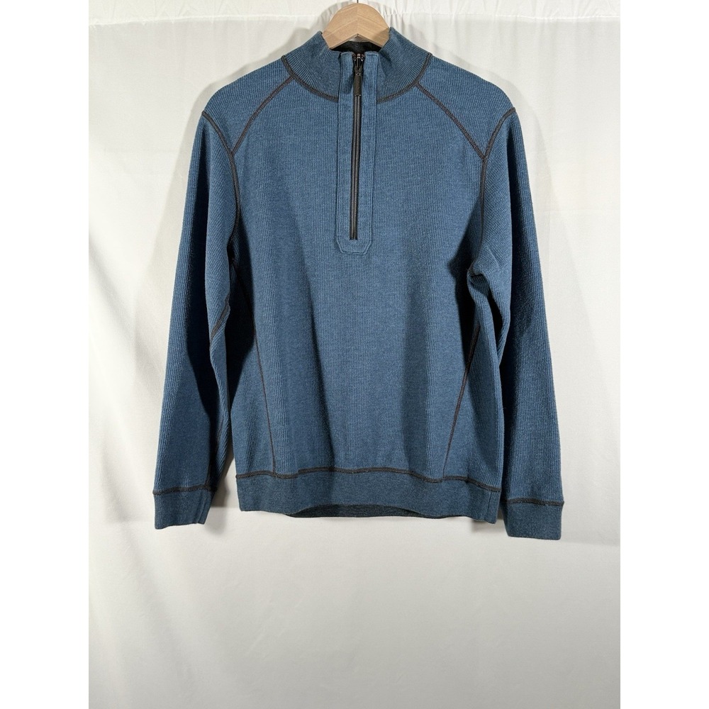 Tommy Bahama‎ Reversible 1/4 Zip Pullover Blue Grey Textured Mens L Preppy Golf